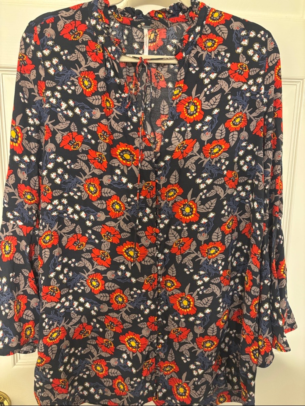 Free People Navy Floral Tie-Front Tunic with Red & Yellow Blooms